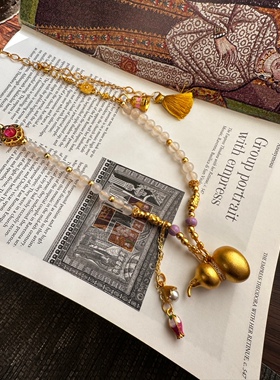 热卖鉴刻葫芦烧蓝提溜白圆珠可调节古法沙金配件项链毛衣链女