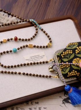 新中式檀木串珠斜挎链条包包复古国风台湾棉布零钱包配饰品