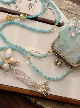 新中式国风复古手工包丝绒珠花棉布蝴蝶流苏民族风轻奢百搭项链