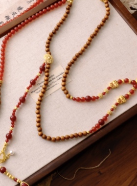 秋冬新品红色系列时尚毛衣链檀木链一款多带搭配锁骨链叠戴项链