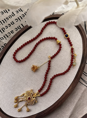 原创新中式红玛瑙古法沙金平安如意锁项链女轻奢多宝毛衣链
