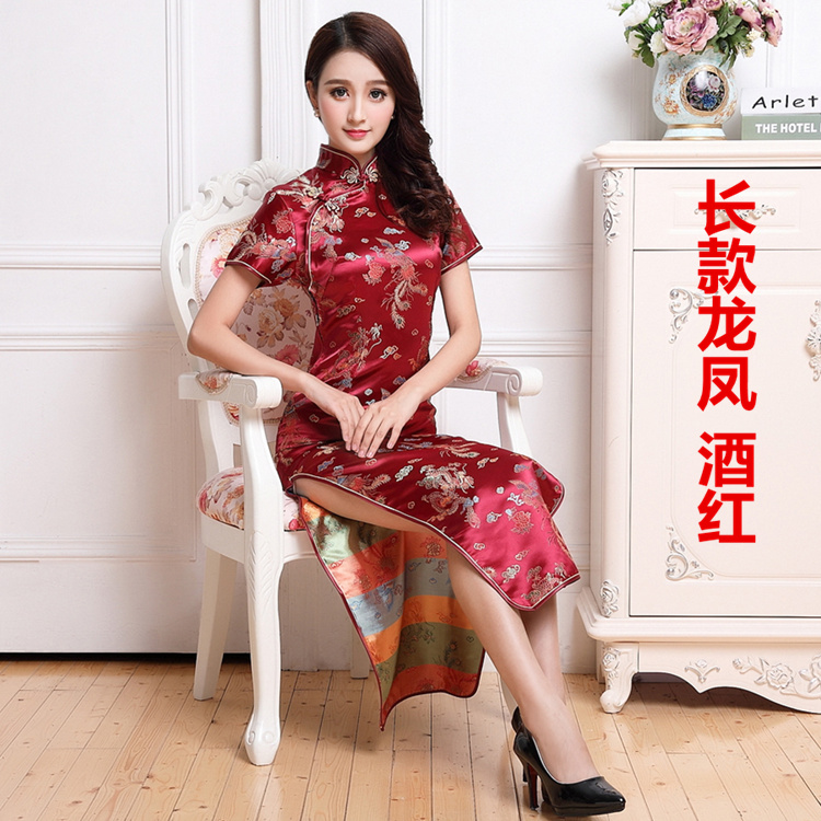 龙凤锦缎旗袍长款 短袖修身夏装走秀舞台礼服