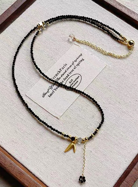 黑尖晶切面 黑碧玺 黑珠子多层三圈手串手链 调节新款