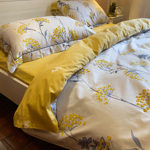一叶知秋 轻美式铂金纯棉四件套 枇杷姜黄全棉精梳棉加大被套2m床 - 图3