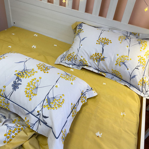 一叶知秋 轻美式铂金纯棉四件套 枇杷姜黄全棉精梳棉加大被套2m床 - 图0