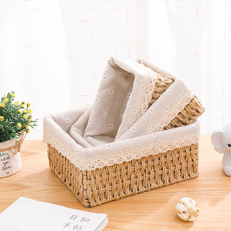 Rattan storage basket with lid, cosmetics and miscellaneous storage box