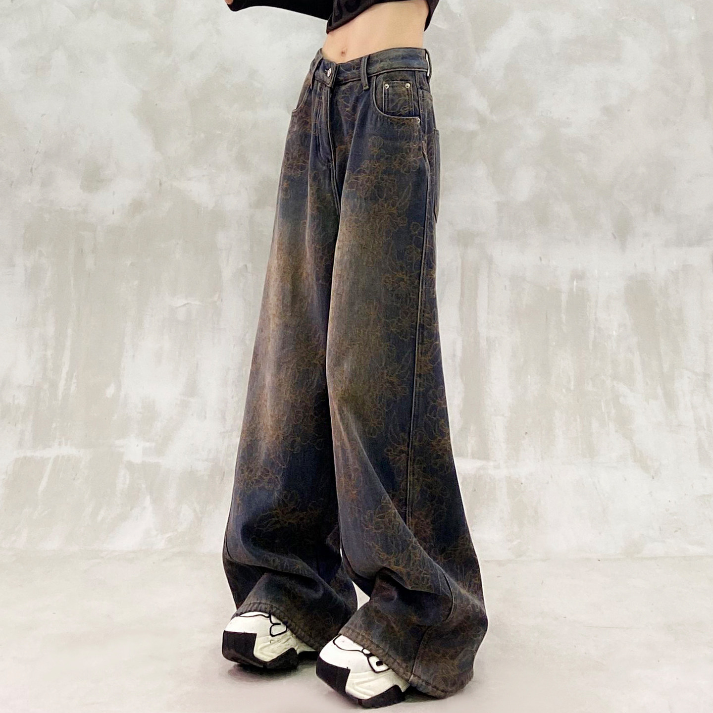 个性印花设计做旧加绒牛仔裤女冬新款高腰宽松显瘦百搭直筒阔腿裤,淘宝优惠券,粉丝福利购,淘宝优惠卷