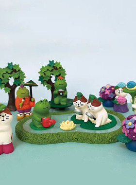 猫部杂货日式紫阳花猫咪画家青蛙梅雨季场景摆件盆栽装饰迷你公仔