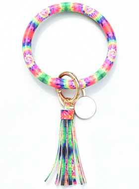 扎染色豹纹流苏吊坠PU手镯钥匙扣回旋踢蜜蜂菊花皮革手环