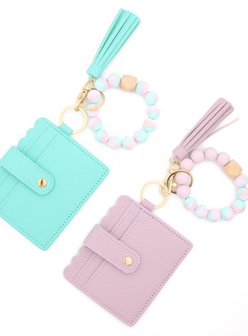 硅胶珠手链卡包豹纹硅胶珠手环PU流苏女士钱包皮革流苏钥匙扣跨境