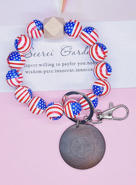 新款Monogram印花木珠手链钥匙扣美国国旗图案手镯MAMA字母手环