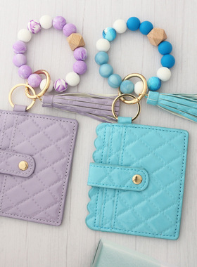 现货跨境新款硅胶珠手链卡包手环菱形几何皮革女士钱包钥匙扣