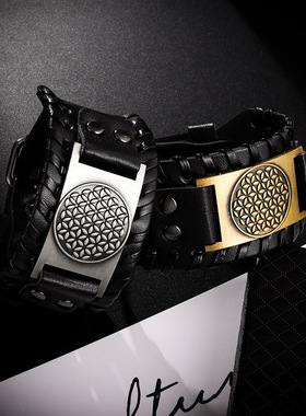 Temu热卖朋克男士宽皮手链北欧维京 哥特式战士魅力隐形扣男手环