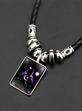 跨境新品配饰 发光12星座吊坠项链 黑绳潮男时光宝石项链