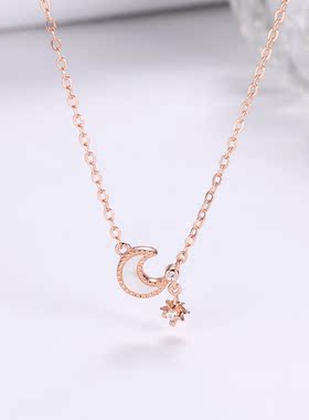 兴展2021新品时尚星月纯银项链吊坠镶钻贝壳锁骨链送女友闺蜜