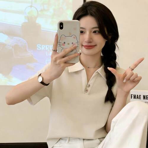 胖MM简约短袖polo领纯色女T恤小衫韩版温柔风纽扣设计松弛感上衣 - 图1
