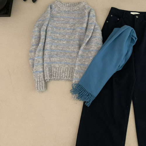 Leaves撞色条纹毛针织衫女秋冬新款宽松百搭圆领套头叠穿毛衣上衣 - 图1