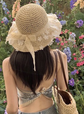 草帽海滩度假风超出片帽子氛围感女夏天防晒帽显脸小草编帽可折叠