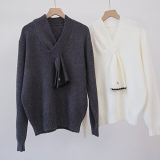 Factory order design v-neck ribbon sweater long-sleeved soft waxy sweater french temperament lazy style high-end