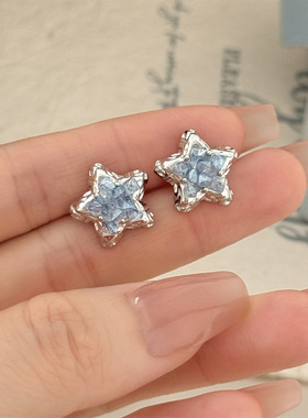 S999银针蓝色碎石滴胶五角星耳钉女小众轻奢时尚气质星星耳环耳饰
