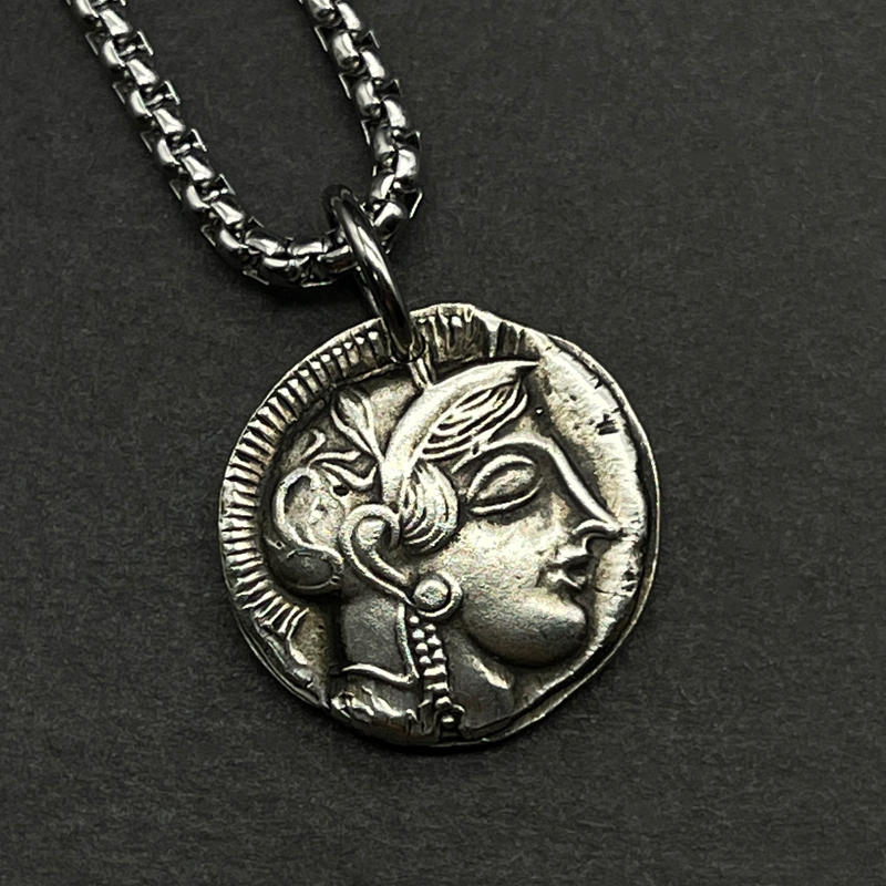 复刻希腊银币镀银智慧女神雅典娜项链猫头鹰古币吊坠水瓶座守护神-图0