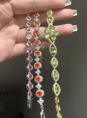 欧洲复古珠宝|美国天然高品质红宝石火欧泊橄榄石925银开口手链女