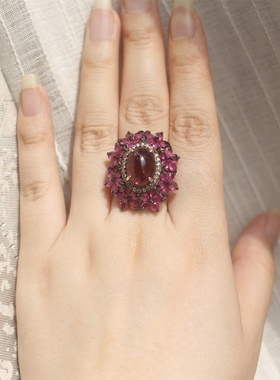 天然碧玺红宝石钻石925银戒指