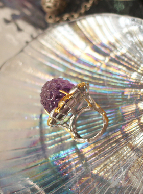 天然雕刻雕花紫水晶925银戒指