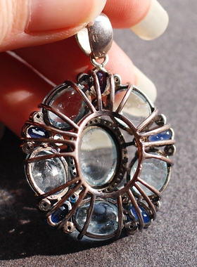 英国回流进口天然清透海蓝宝925银镀金复古中古董Vintage吊坠