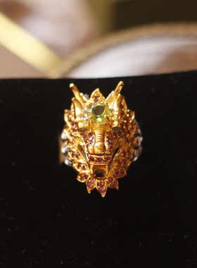 天然欧泊龙蛇925银镀金戒指