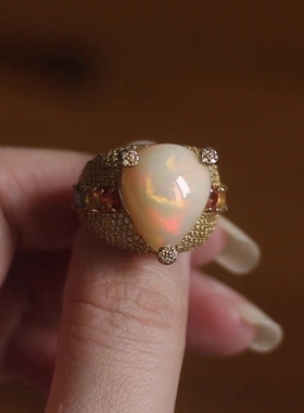 英国回流进口天然大颗水滴殴泊黄色蓝宝石925银镀金埃及艳后戒指