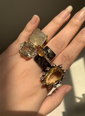 欧美进口绿黄水晶925银戒指女