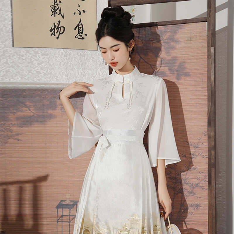 新中式织金马面裙套装2024夏国风立领衬衫改良一片式半身裙两件套 - 图1