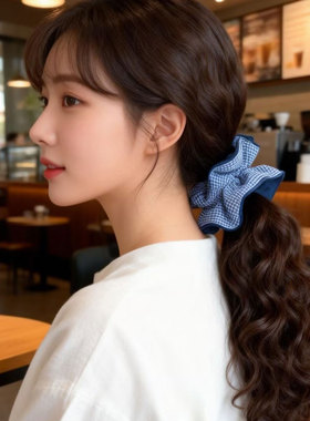 蓝色格子大肠发圈女高级感韩国ins风双层大号扎头发皮筋头绳发饰