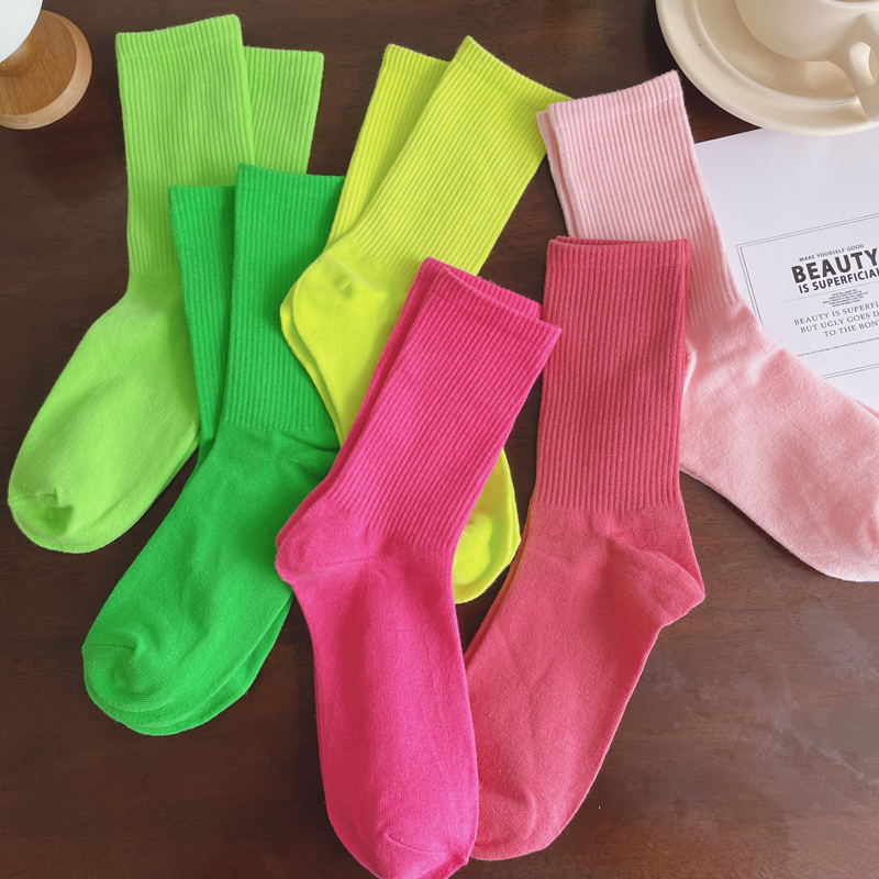 彩色袜子女ins潮纯色中筒袜春秋糖果色高橡筋运动长筒堆堆袜外穿