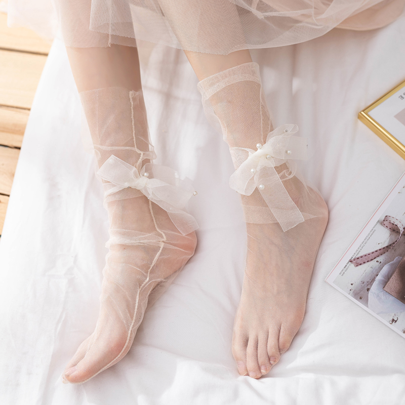 3双装 夏季薄款日系透明薄纱堆堆袜韩版可爱珍珠蝴蝶结仙女网纱袜