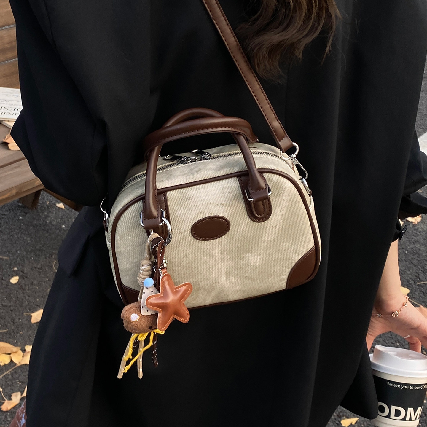 百搭ins撞色小包包女2025新款复古手拎保龄球包秋冬高级感斜挎包,淘宝优惠券,粉丝福利购,淘宝优惠卷