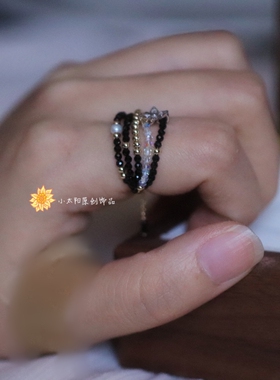 太阳原创设计美国14K注金黑尖晶宽版叠戴高级感串珠个性戒指ins