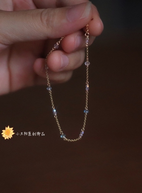 太阳原创设计 进口14K注金海蓝宝水晶超细精致叠戴手链礼物可水洗