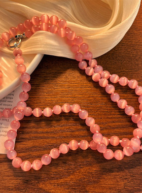 长款打结粉色猫眼石项链