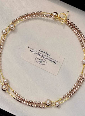 美拉德棕色珍珠项链法式长款颈链