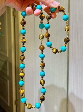 人造蓝色松石拼色虎眼石项链