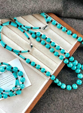 人造绿松石长款项链黑玛瑙元宝扣