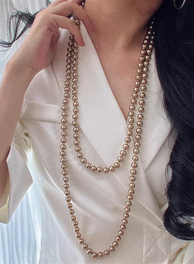 老钱风咖色珍珠超长项链160cm
