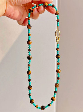 虎眼石仿绿松石串珠项链