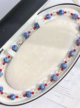 新中式红玛瑙白水晶撞色项链饰品