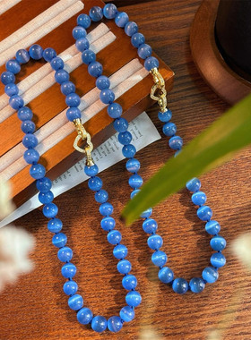 蓝色猫眼石项链打结爱心扣