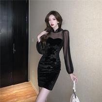 Autumn Winter New Retro Improvement New Chinese Qipao Dress Superior Sense Mesh Yarn Long Sleeve Splicing Black Velvet Dress Dress