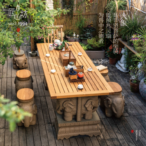 匠心坊中式花园别墅户外庭院茶台桌椅露台造景桌柚木室外实木茶桌 - 图0