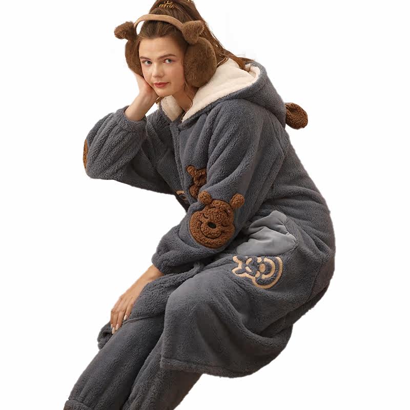 雪尔绵冬季小熊可爱连帽北极绒睡袍 雪尔绵睡衣/家居服套装